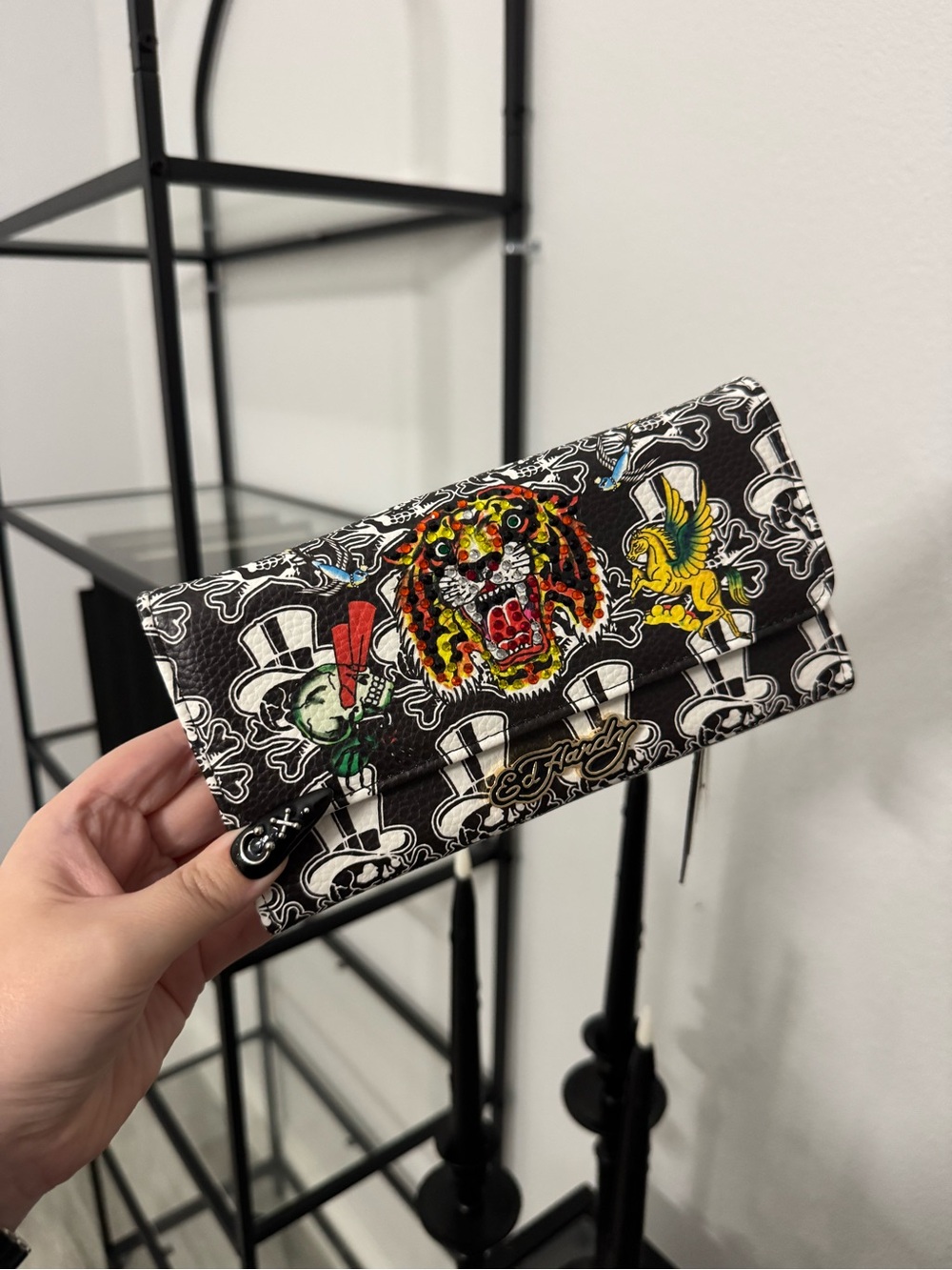 Ed Hardy Black Wallet with Colorful Tiger & Bird Graphics